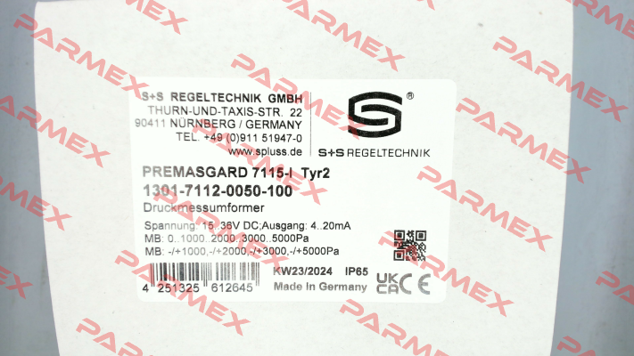 P/N: 1301-7112-0050-100, Type: 7115- I - (Q) S+S REGELTECHNIK