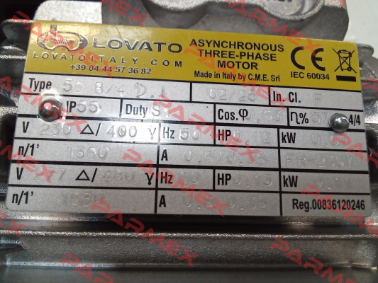 ELT.MOT. 230/400 V – 50 HZ – IP 55 – Cl. F – S1 – IE1 LovatoItaly