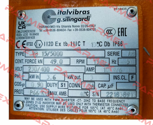 VB 15/5000, 230/400 V, 50 Hz, 1500 1/min Italvibras