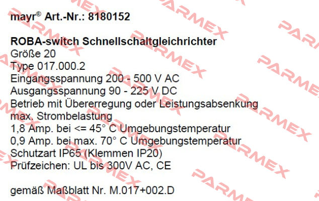 P/N: 8180152 Type: 017.000.2  Mayr