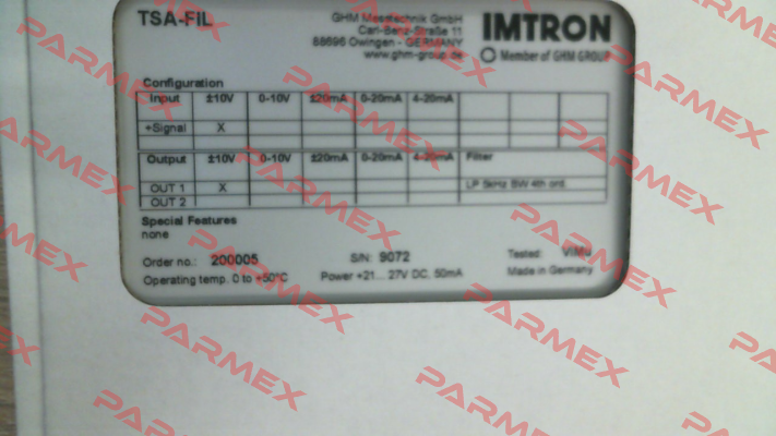 501542 - TSA-FIL1-V1-5K-BW-V1 Imtron