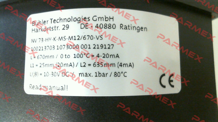 P/N: Q11008002 1073000, Type: NV73-HY-K-MS-M12/670-VS Bühler Technologies